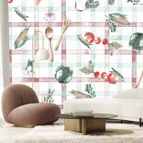 Fototapete Obst und Gemüse vor kariertem Tischtuchhintergrund