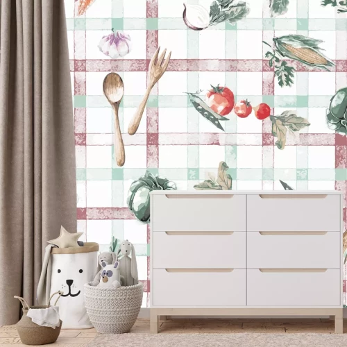 Fototapete Obst und Gemüse vor kariertem Tischtuchhintergrund