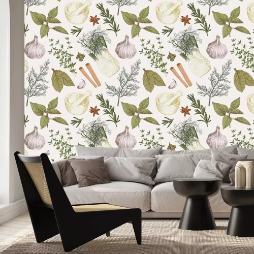 Fototapete Dekoratives Muster mit Kräutern und Gemüse