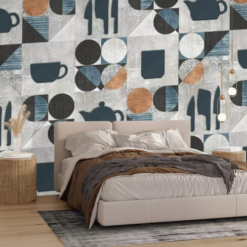 Fototapete Quadratische Fliesen mit Motiven von klassischen Gerichten