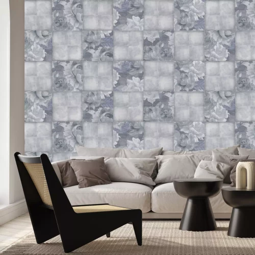 Fototapete Imitation von quadratischen Fliesen mit Blättern