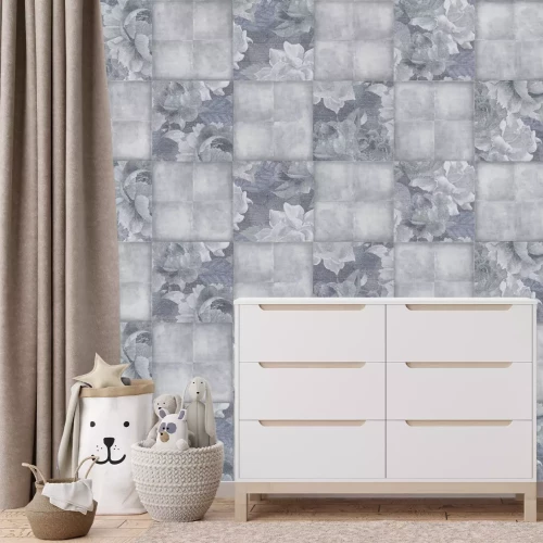 Fototapete Imitation von quadratischen Fliesen mit Blättern