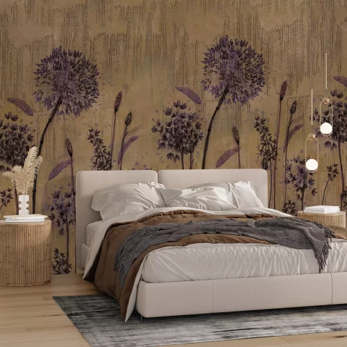 Fototapete Lila Löwenzahnblumen an einer Mauer