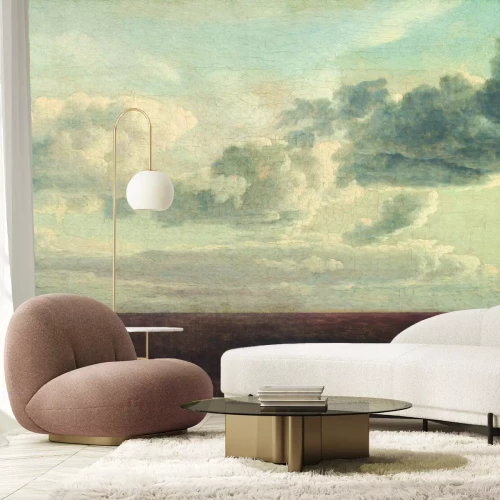 Fototapete Wilde Wiese vor einem Himmel mit weißen Wolken