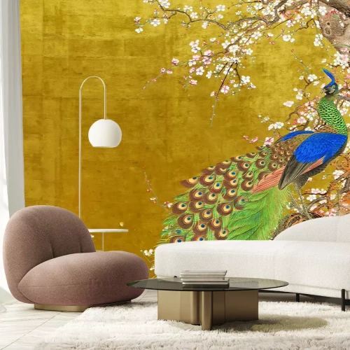 Fototapete Reizvoller Pfau unter Kirschblüten