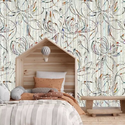 Fototapete Skizze von Blumen auf einem Hintergrund zarter Streifen