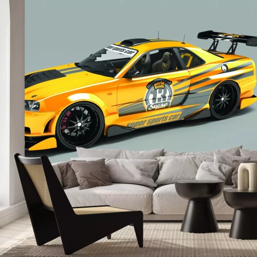 Fototapete Sportliches gelbes Auto auf grauem Hintergrund