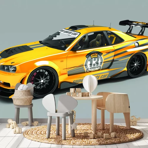 Fototapete Sportliches gelbes Auto auf grauem Hintergrund