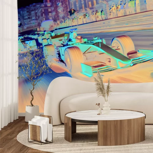 Fototapete F1-Bolide rast mit hoher Geschwindigkeit durch die Stadt