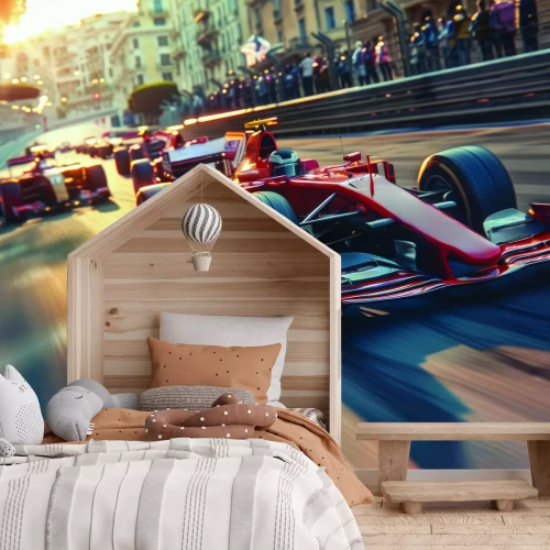 Fototapete F1-Bolide rast mit hoher Geschwindigkeit durch die Stadt