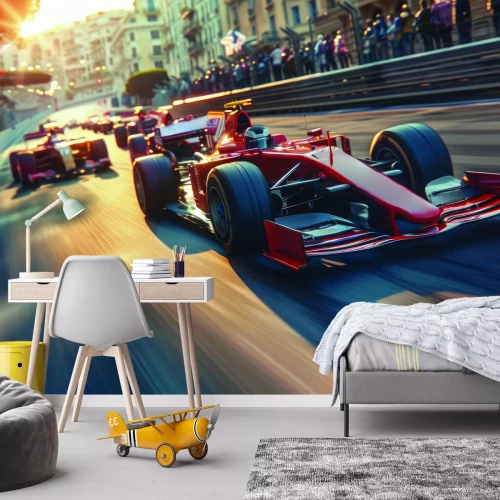 Fototapete F1-Bolide rast mit hoher Geschwindigkeit durch die Stadt