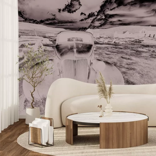 Fototapete Schwarzweiß-Foto eines Autowracks