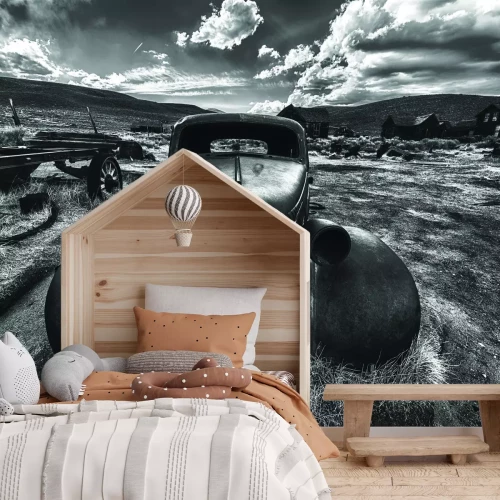 Fototapete Schwarzweiß-Foto eines Autowracks