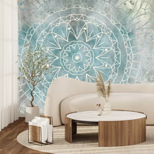 Fototapete Linien, die eine Mandala auf blauem Hintergrund bilden