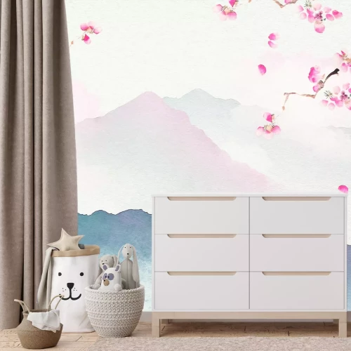 Fototapete Aquarell von Hügeln mit Kirschblüten