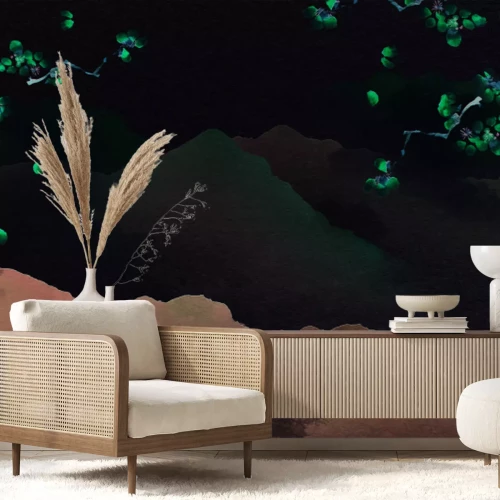 Fototapete Aquarell von Hügeln mit Kirschblüten