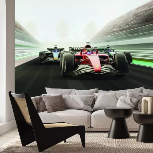 Fototapete Rennwagen rasen auf der Strecke vor Palmenkulisse