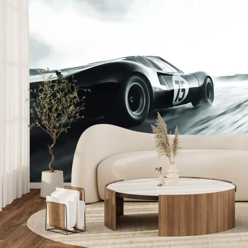 Fototapete Schwarzweiß-Foto eines Autos im Retro-Stil