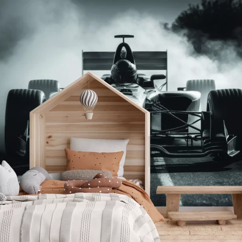 Fototapete Schwarzweiß-Foto eines Formel-1-Wagens mit Fahrer