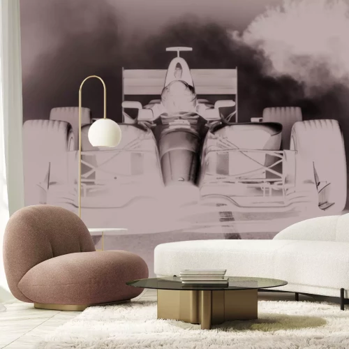 Fototapete Schwarzweiß-Foto eines Formel-1-Wagens mit Fahrer