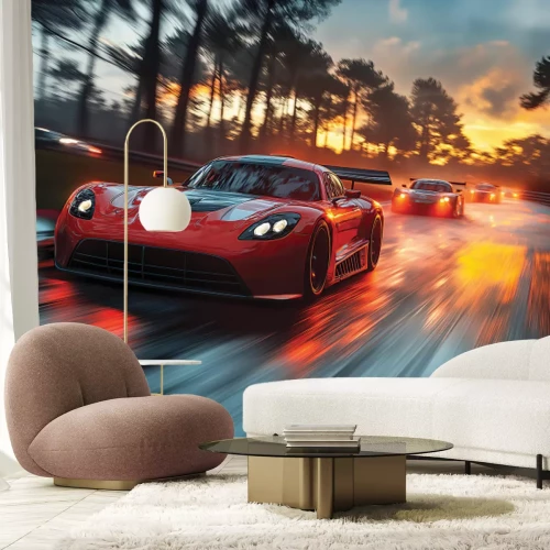 Fototapete Dynamisches Rennen von Sportwagen bei Sonnenuntergang