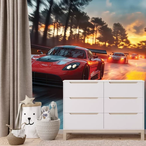 Fototapete Dynamisches Rennen von Sportwagen bei Sonnenuntergang