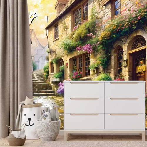 Fototapete Gasse mit Mietshäusern zwischen Blumen