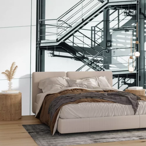 Fototapete Metall-Außentreppe an einer weißen Wand