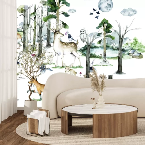 Fototapete Waldlandschaft mit wilden Tieren