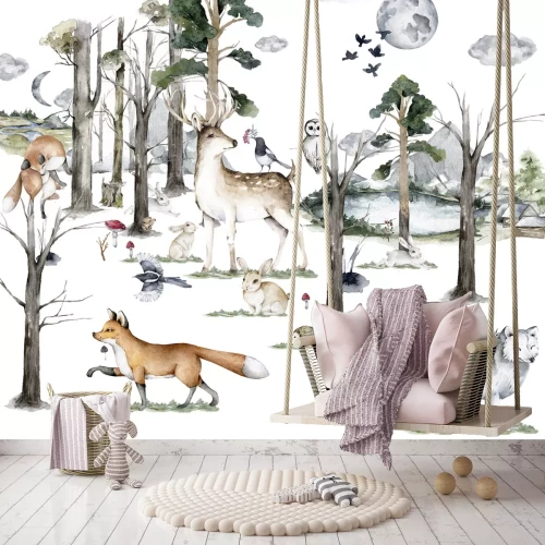 Fototapete Waldlandschaft mit wilden Tieren