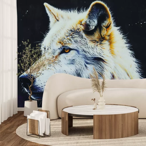 Fototapete Porträt eines ausgewachsenen Wolfs auf dunklem Hintergrund