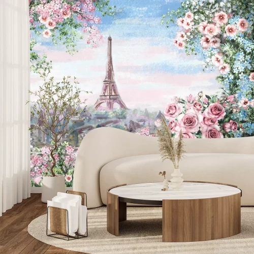 Fototapete Blick auf die Pariser Landschaft von einem blumengefüllten Balkon