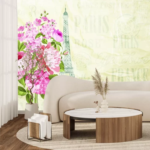 Fototapete Blumenstrauß vor dem Eiffelturm und Schriftzügen im Hintergrund