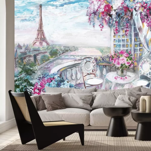 Fototapete Malerische Terrasse voller Blumen mit Paris im Hintergrund