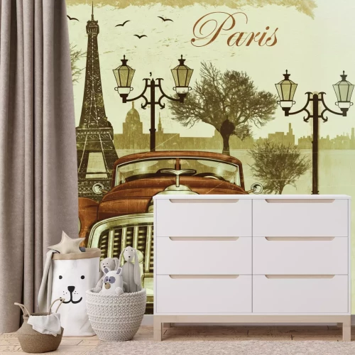 Fototapete Auto im Retro-Stil vor dem Hintergrund von Paris