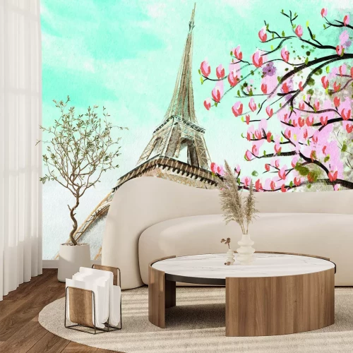 Fototapete Gemalte Kirschblüte vor dem Eiffelturm