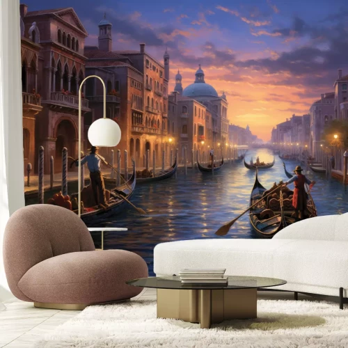 Fototapete Magischer Sonnenuntergang mit Gondolieri