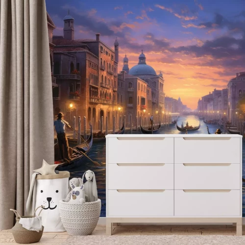 Fototapete Magischer Sonnenuntergang mit Gondolieri