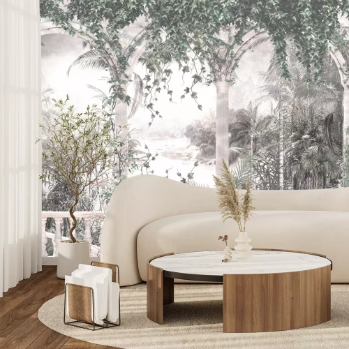 Fototapete Terrasse mit Bögen inmitten tropischer Vegetation