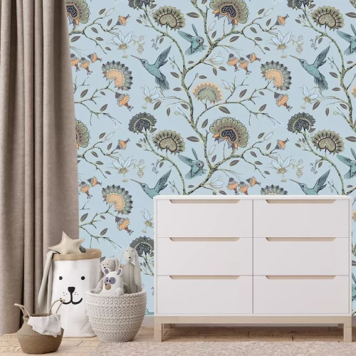 Fototapete Äste mit Blumen unter Vögeln