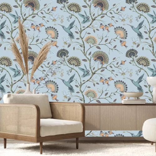 Fototapete Äste mit Blumen unter Vögeln