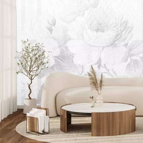 Fototapete Zarter Bleistiftskizze von Rosenblüten und Blättern