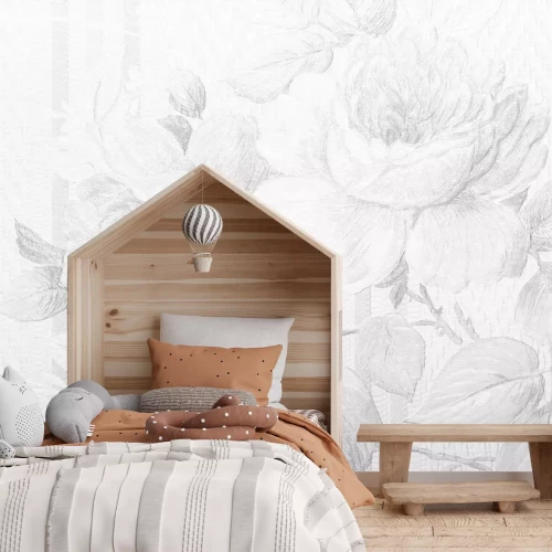 Fototapete Zarter Bleistiftskizze von Rosenblüten und Blättern