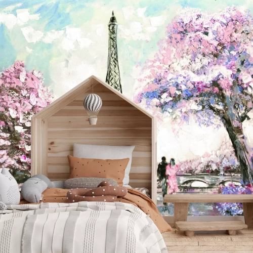 Fototapete Gemalte Landschaft von Paris mit Kirschblüten