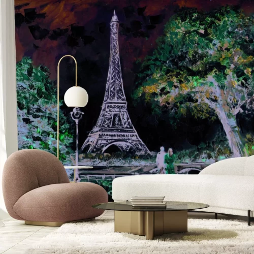 Fototapete Gemalte Landschaft von Paris mit Kirschblüten