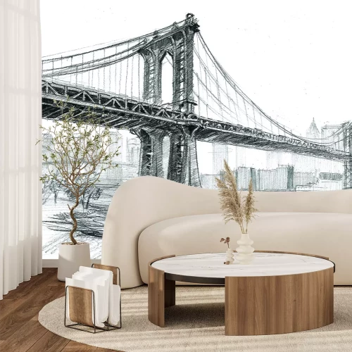 Fototapete Skizzierte Zeichnung einer Brücke vor dem Hintergrund der Stadt