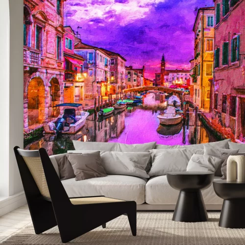 Fototapete Gemalte Venedig mit Booten vor der Kulisse einer Kathedrale