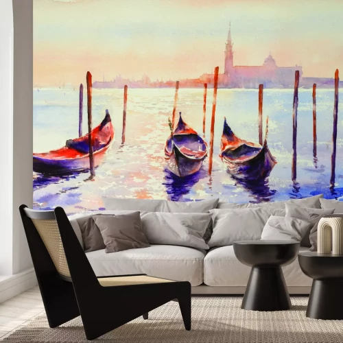 Fototapete Gemalte Gondeln auf dem Wasser mit Sonnenuntergang