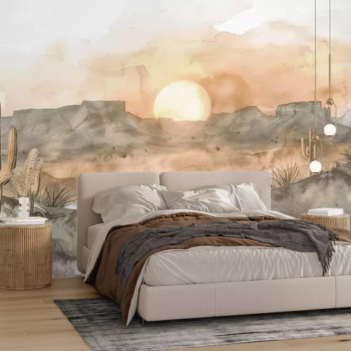 Fototapete Aquarell von Kakteen und Bergen in der Wüste