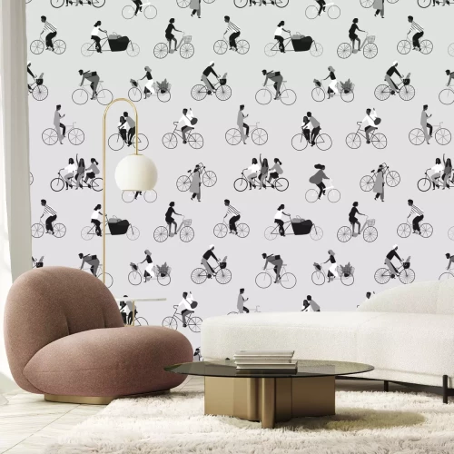 Fototapete Schwarz-weißes Muster mit Menschen auf Fahrrädern
